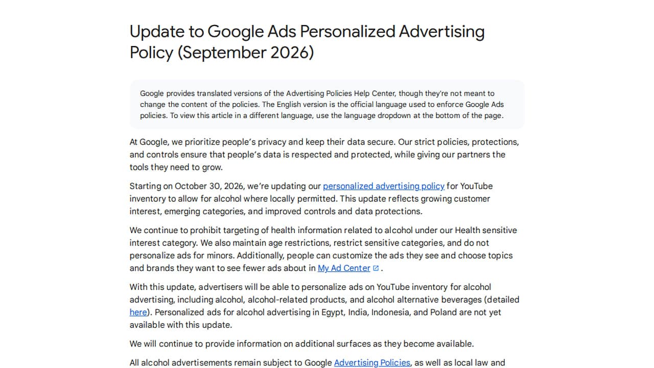 Google Ads súgóoldal képernyőképe a személyre szabott hirdetési szabályzat frissítéséről