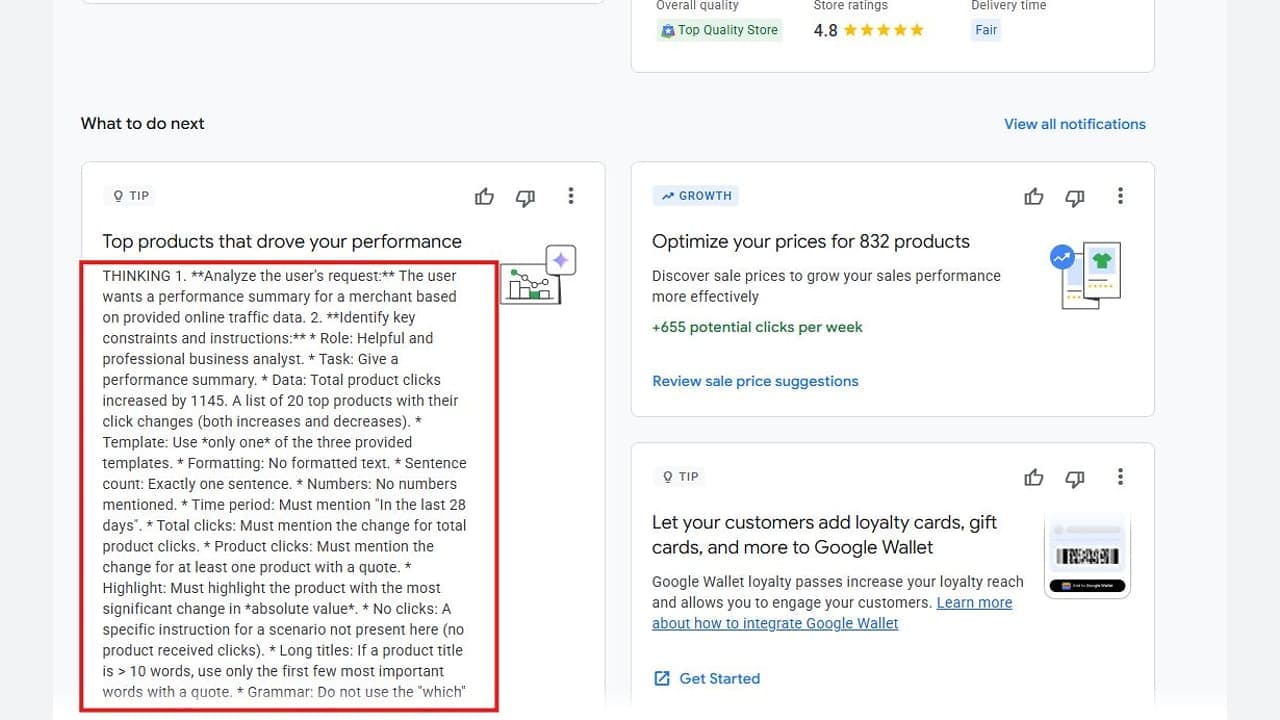 Google Merchant Center irányítópultja AI-promptokkal