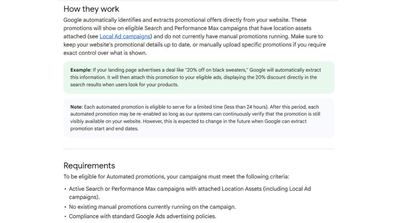 Google Ads dokumentáció képernyőképe az automatizált promóciós elemek működéséről