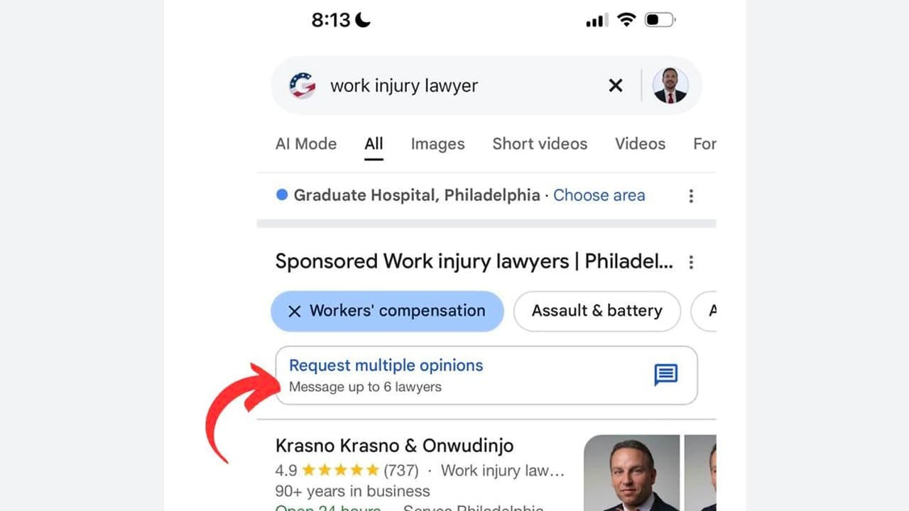 Mobilos Google-keresés ügyvédekre, ahol a szponzorált találatok fölött a „Request multiple opinions – Message up to 6 lawyers” gomb látható