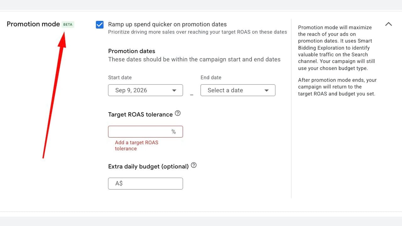 Google Ads Promotion Mode beállítási felülete