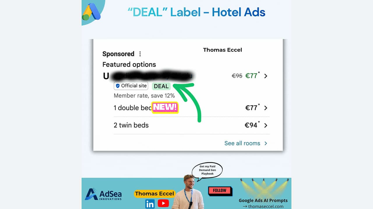 Google Hotel Ads találat 'DEAL' kedvezményjelvénnyel
