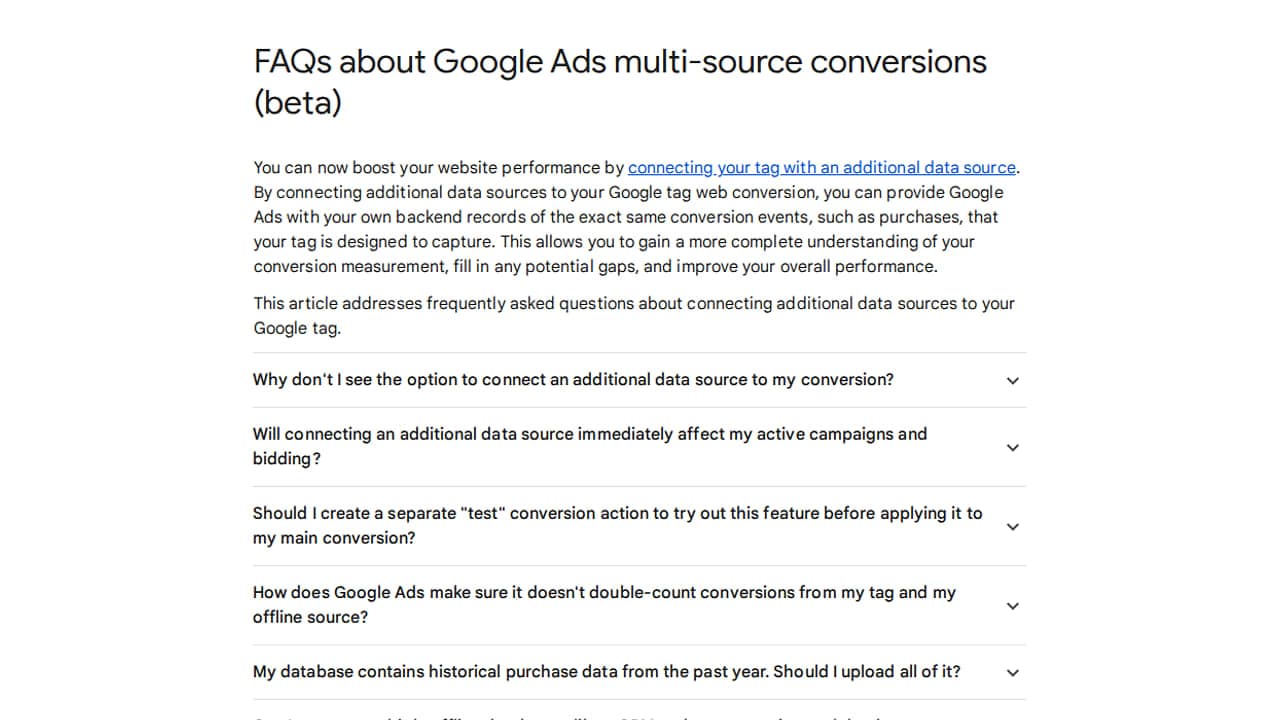 Google multi-source konverziók GYIK oldal képernyőképe