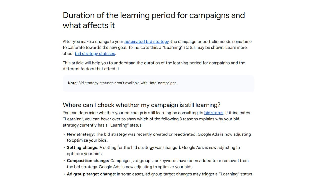 Google súgóoldal képernyőképe a kampányok tanulási időszakáról