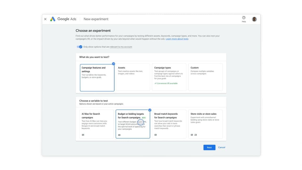 AI Max kísérletek, büdzsé- és ajánlattételi eszközök a Google Ads-ben