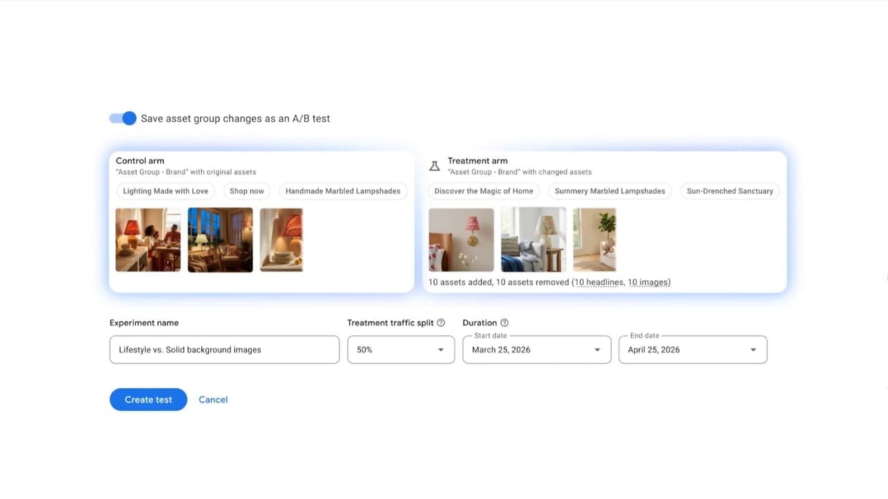 Google Ads A/B tesztelési felület képernyőképe