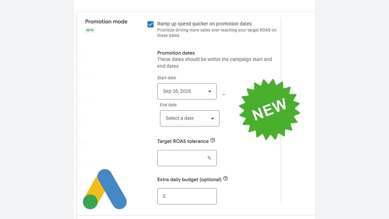 Google Ads Promotion Mode beállításai kezdő- és végdátummal, Target ROAS toleranciával