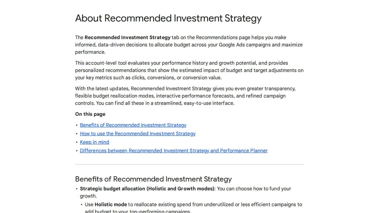 Google Ads súgóoldal képernyőképe az ajánlott befektetési stratégiáról