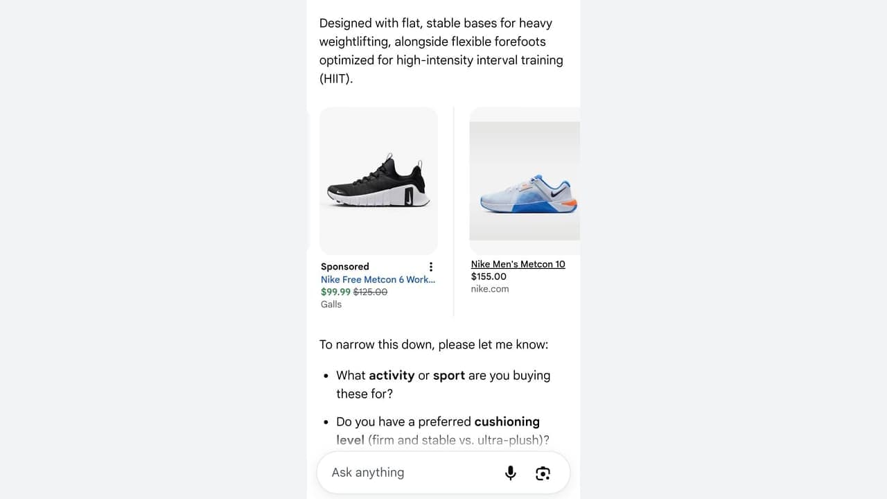 Google AI Mode találat, ahol egy szponzorált és egy organikus edzőcipő-ajánlat egymás mellett jelenik meg