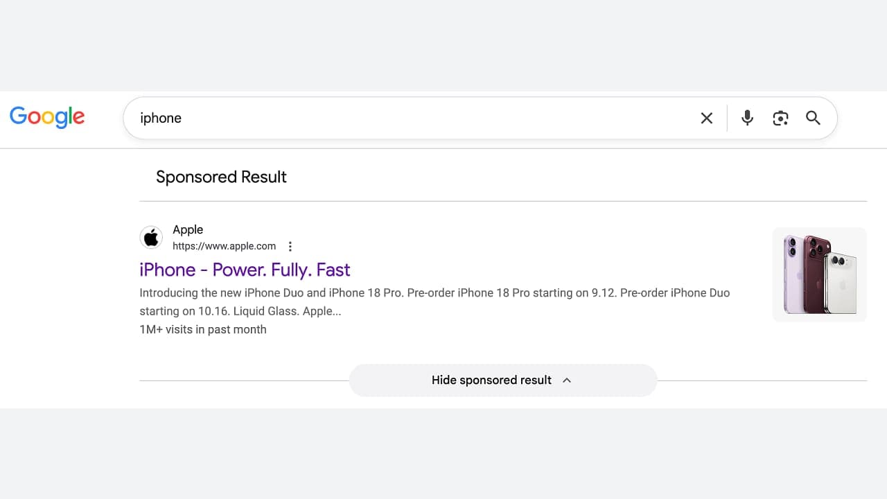 Elcsúszott 'Szponzorált találatok' felirat képernyőképe a Google keresési találatok felett