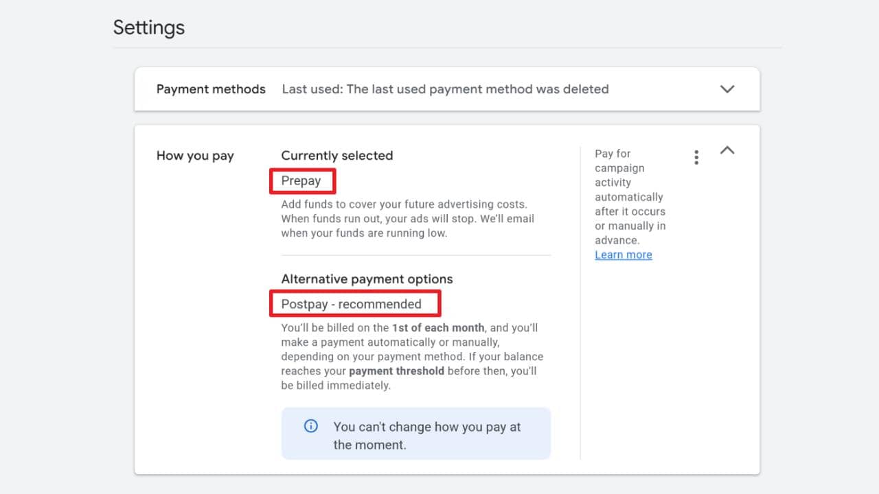 Google Ads számlázási beállítások képernyője az új Prepay és Postpay fizetési módokkal