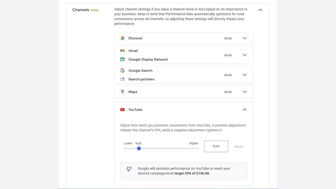 Performance Max csatorna-priorizálási beállítások felülete a Google Ads-ben