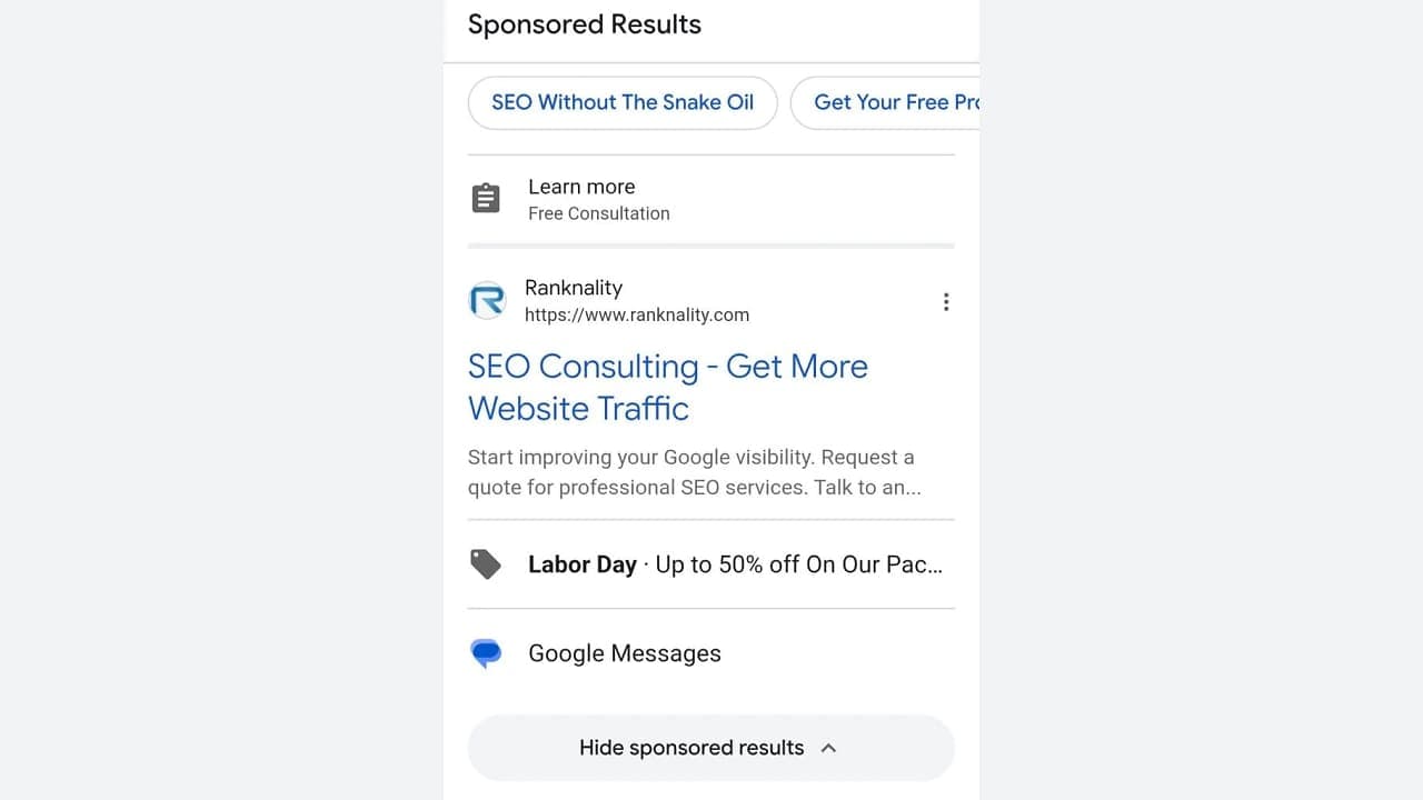 Google keresési hirdetés képernyőképe üzenetküldés gombbal