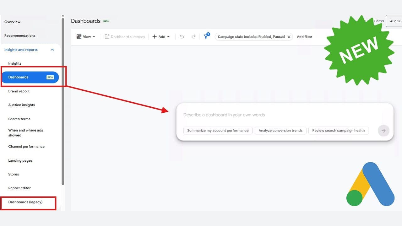 Google Ads AI-alapú irányítópult-készítési felülete