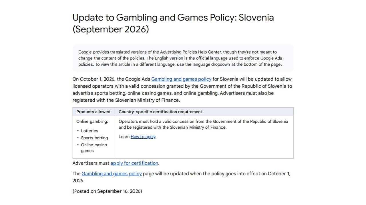 A Google Ads szabályzati súgóoldala a szlovéniai szerencsejáték- és játékszabályzat frissítéséről