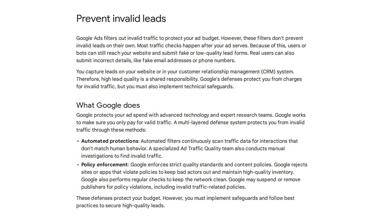 A Google érvénytelen leadek megelőzéséről szóló új súgóoldalának illusztrációja
