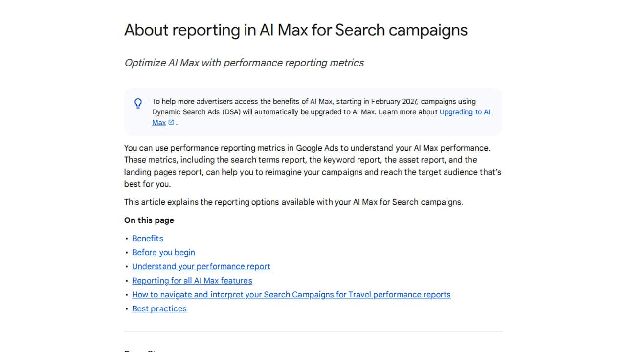 Képernyőkép egy Google Ads súgóoldalról, amely az AI Max keresési kampányok riportkészítéséről szól
