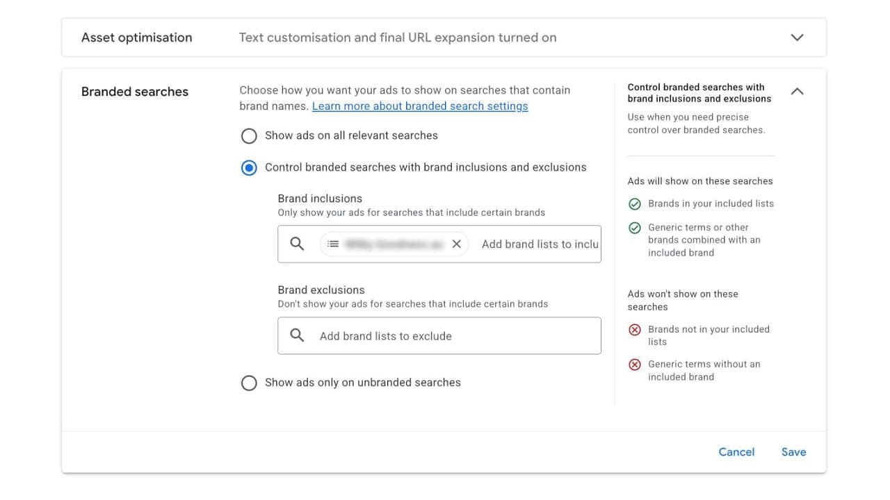 AI Max márkás keresési beállítások a Google Ads felületén