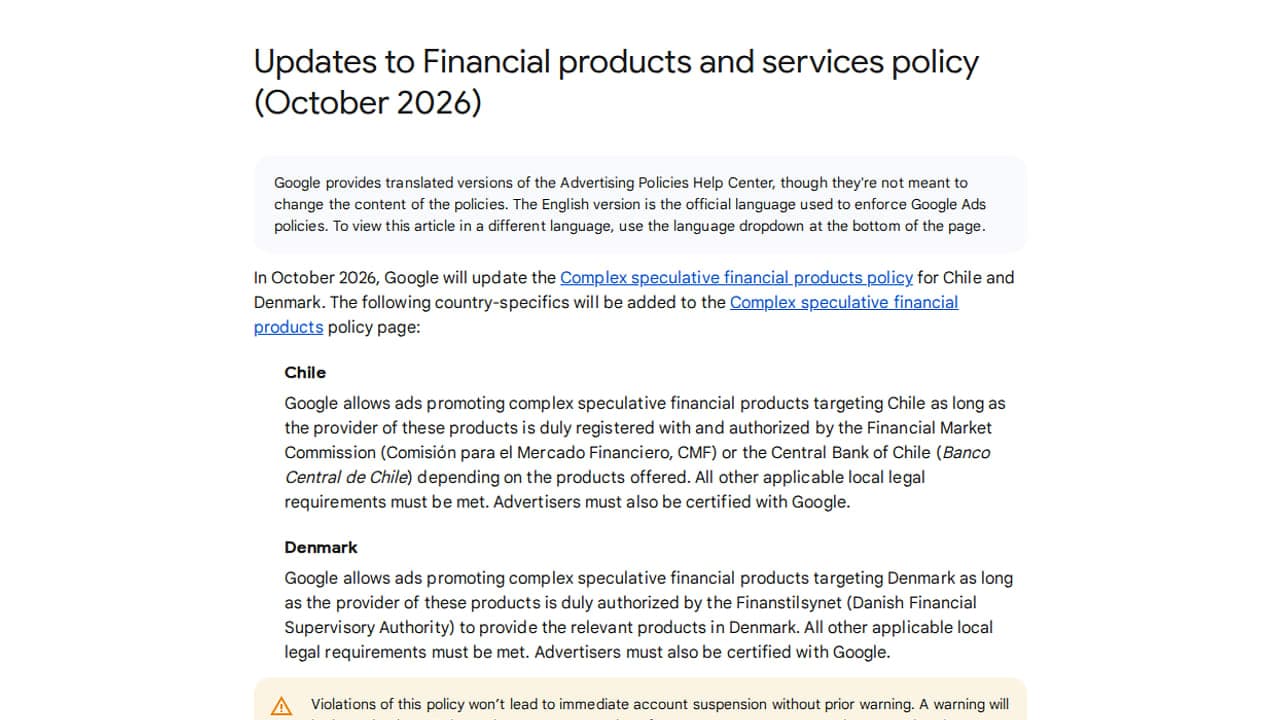 A Google Ads szabályzati súgóoldala a pénzügyi termékek hirdetési szabályzatának 2026 októberi frissítéséről