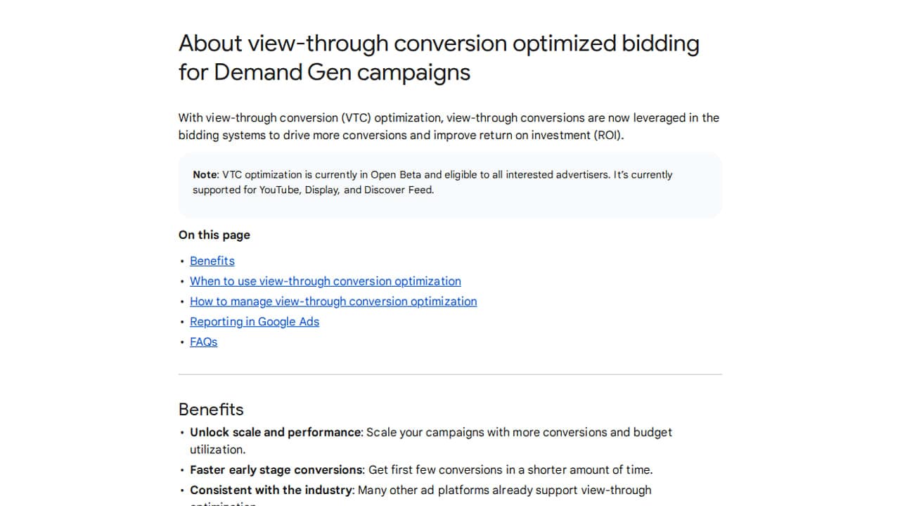 Google Ads súgóoldal képernyőképe a Demand Gen kampányok megtekintéses konverzióra optimalizált ajánlattételéről