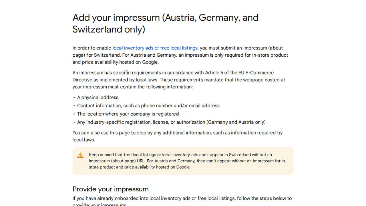 Google súgóoldal képernyőképe az impresszum megadásáról Ausztriában, Németországban és Svájcban