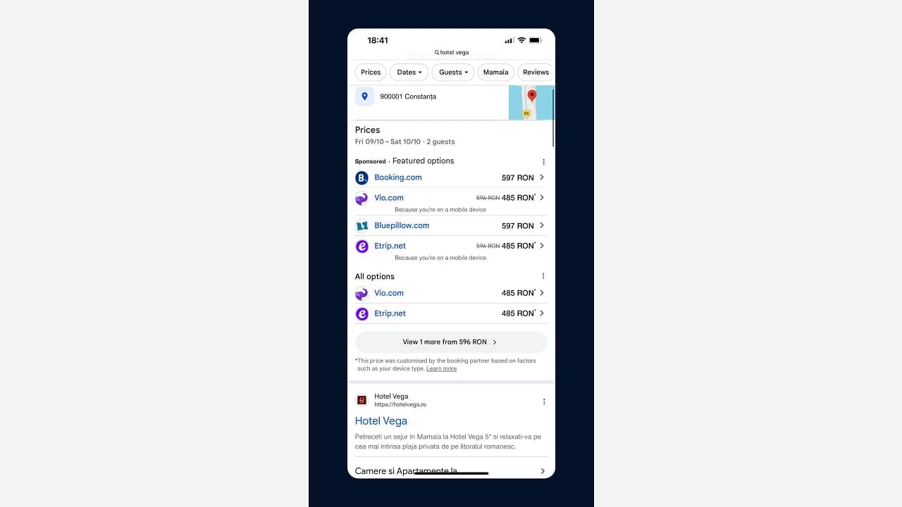 Google keresési találat szállásfoglalási partnerek áraival