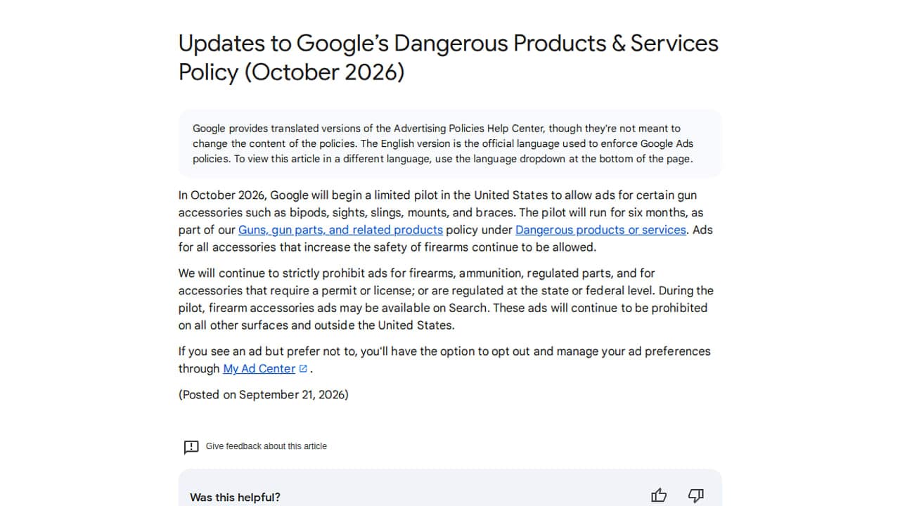 A Google Ads szabályzati súgóoldala a veszélyes termékekről szóló szabályzat 2026. októberi frissítéséről