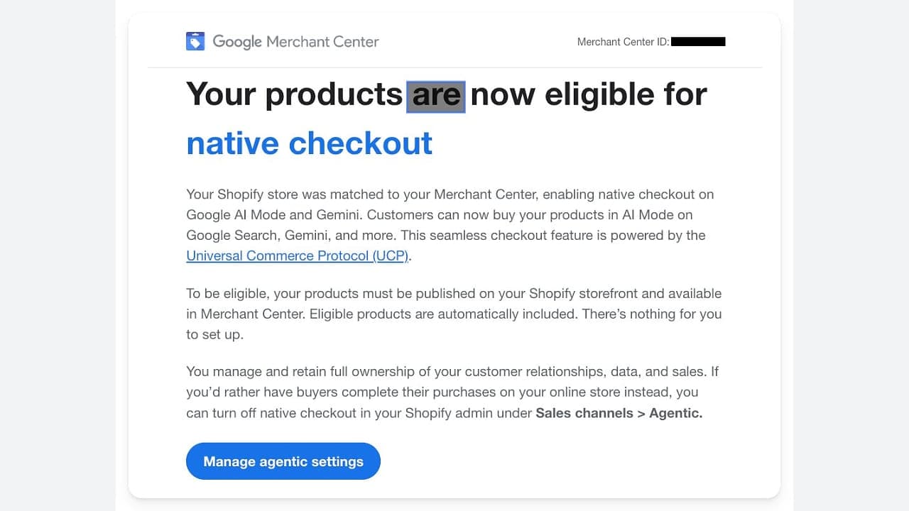 A Google Merchant Center e-mailje arról, hogy a Shopify-áruház termékei jogosultak lettek a natív fizetésre az AI Mode-ban és a Geminiben
