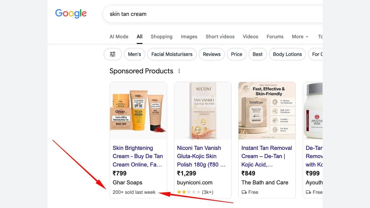 Google Shopping hirdetés 'elkelt a héten' jelvénnyel