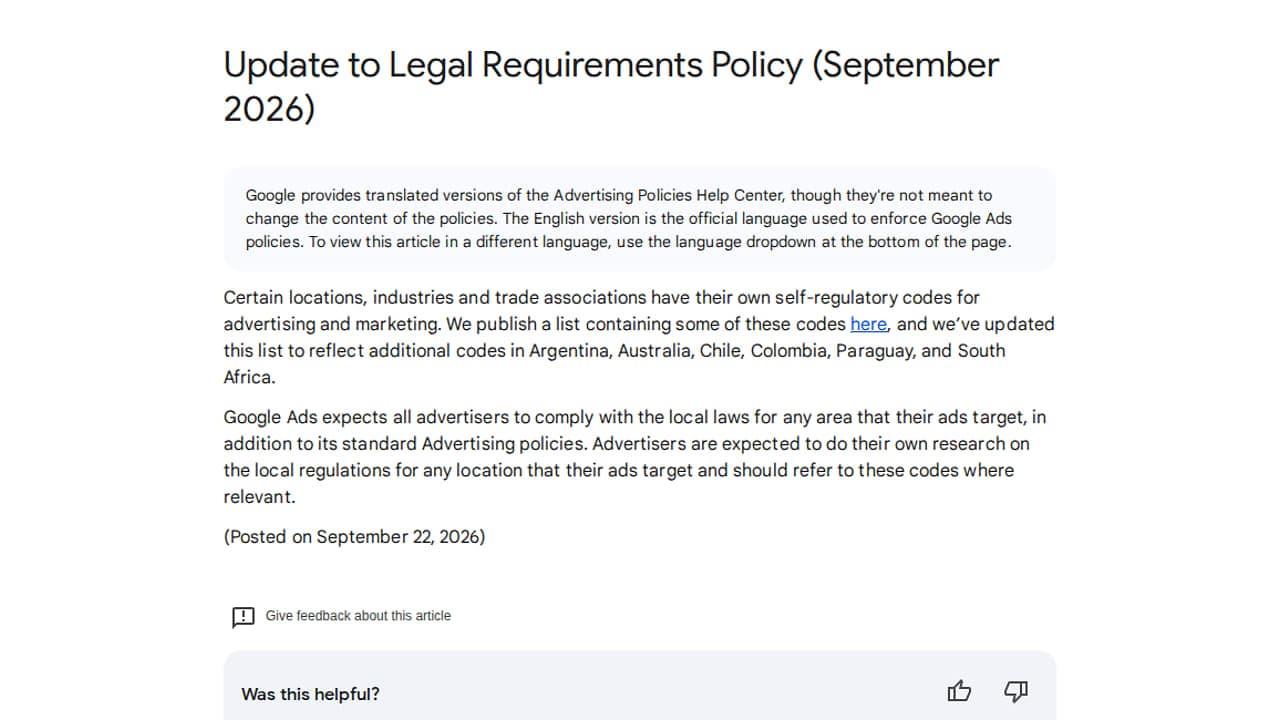 A Google Ads szabályzati súgóoldala a jogi követelményekről szóló szabályzat 2026. szeptemberi frissítéséről