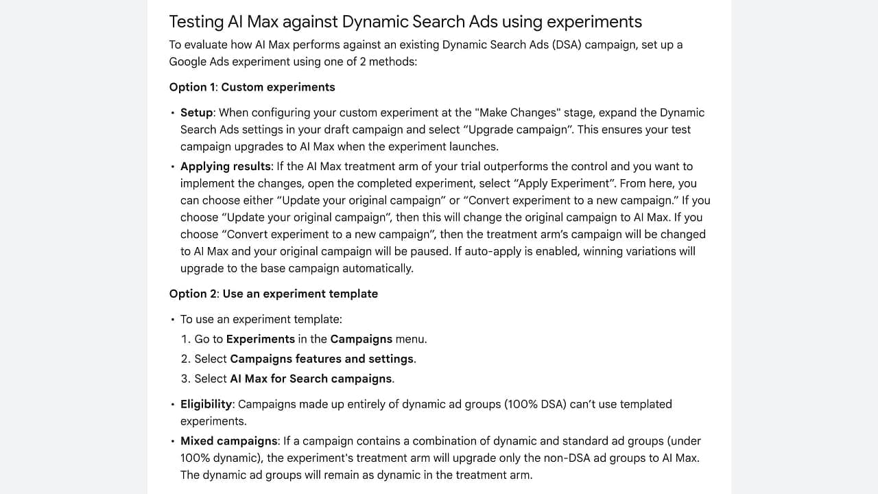 Google Ads felület az AI Max és a Dynamic Search Ads kísérleti összehasonlításához