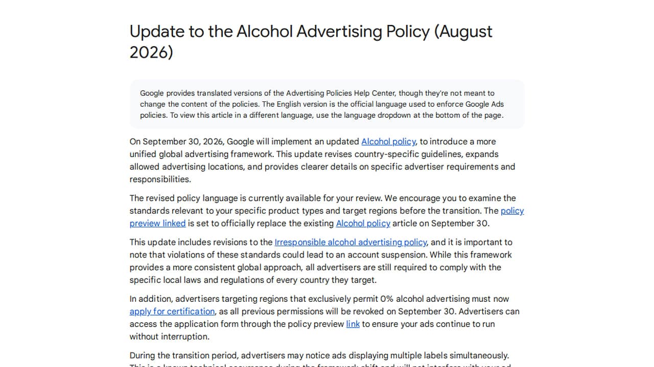 Google support cikk képernyőképe az alkoholreklám-szabályzat 2026-os frissítéséről